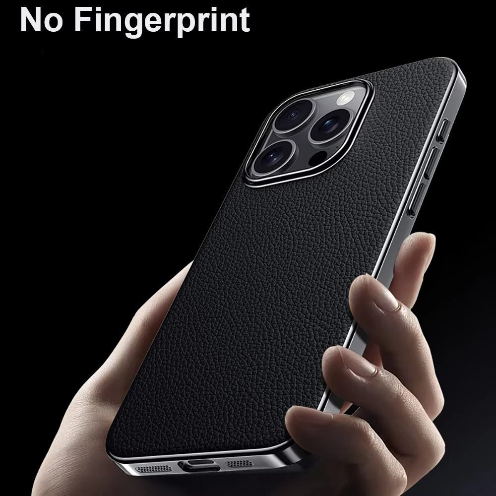 Luxury iPhone Case — Ultra-Thin Genuine Leather Hard Cover with PC+TPU Build, Dustproof Minimal Business Design & Half-Wrapped Protection