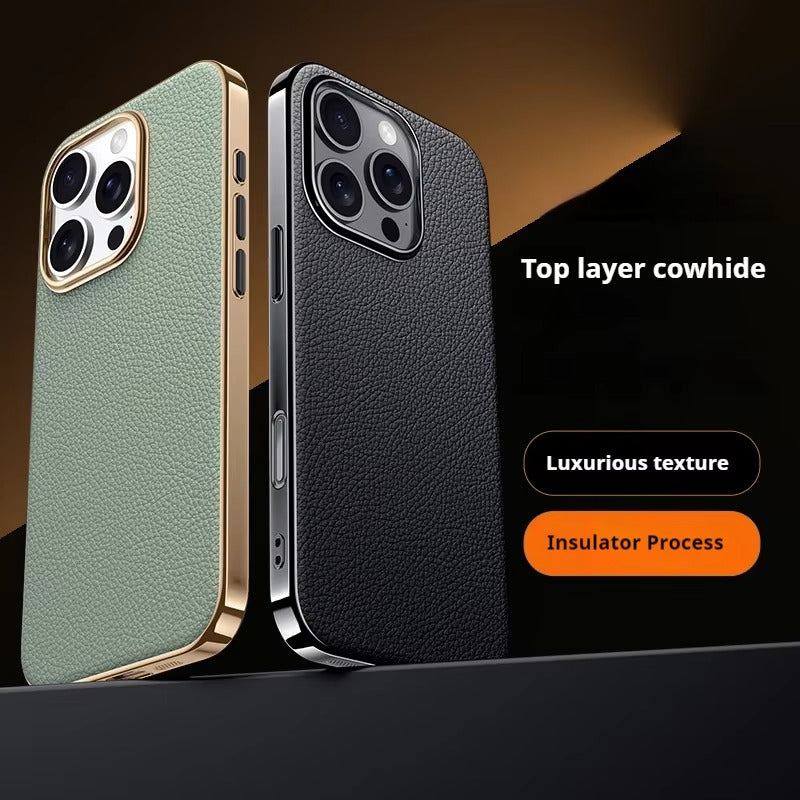 Luxury iPhone Case — Ultra-Thin Genuine Leather Hard Cover with PC+TPU Build, Dustproof Minimal Business Design & Half-Wrapped Protection