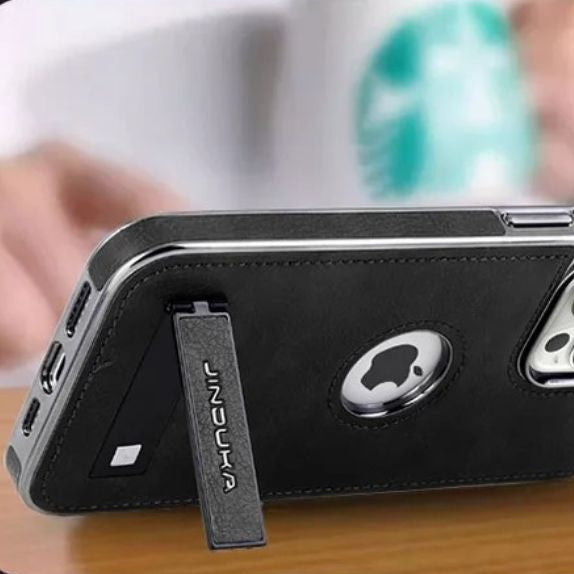 Luxury iPhone Case — Ultra-Thin PU Leather Cover with Invisible Fold Kickstand, Electroplated Bezel, Anti-Fingerprint Anti-Scratch Dustproof Non-Slip Design