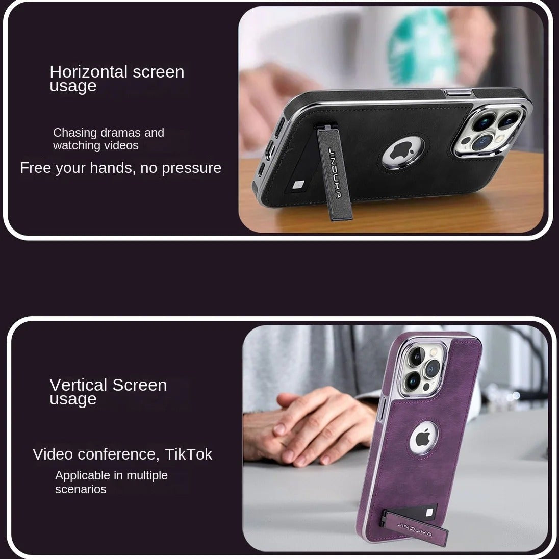 Luxury iPhone Case — Ultra-Thin PU Leather Cover with Invisible Fold Kickstand, Electroplated Bezel, Anti-Fingerprint Anti-Scratch Dustproof Non-Slip Design