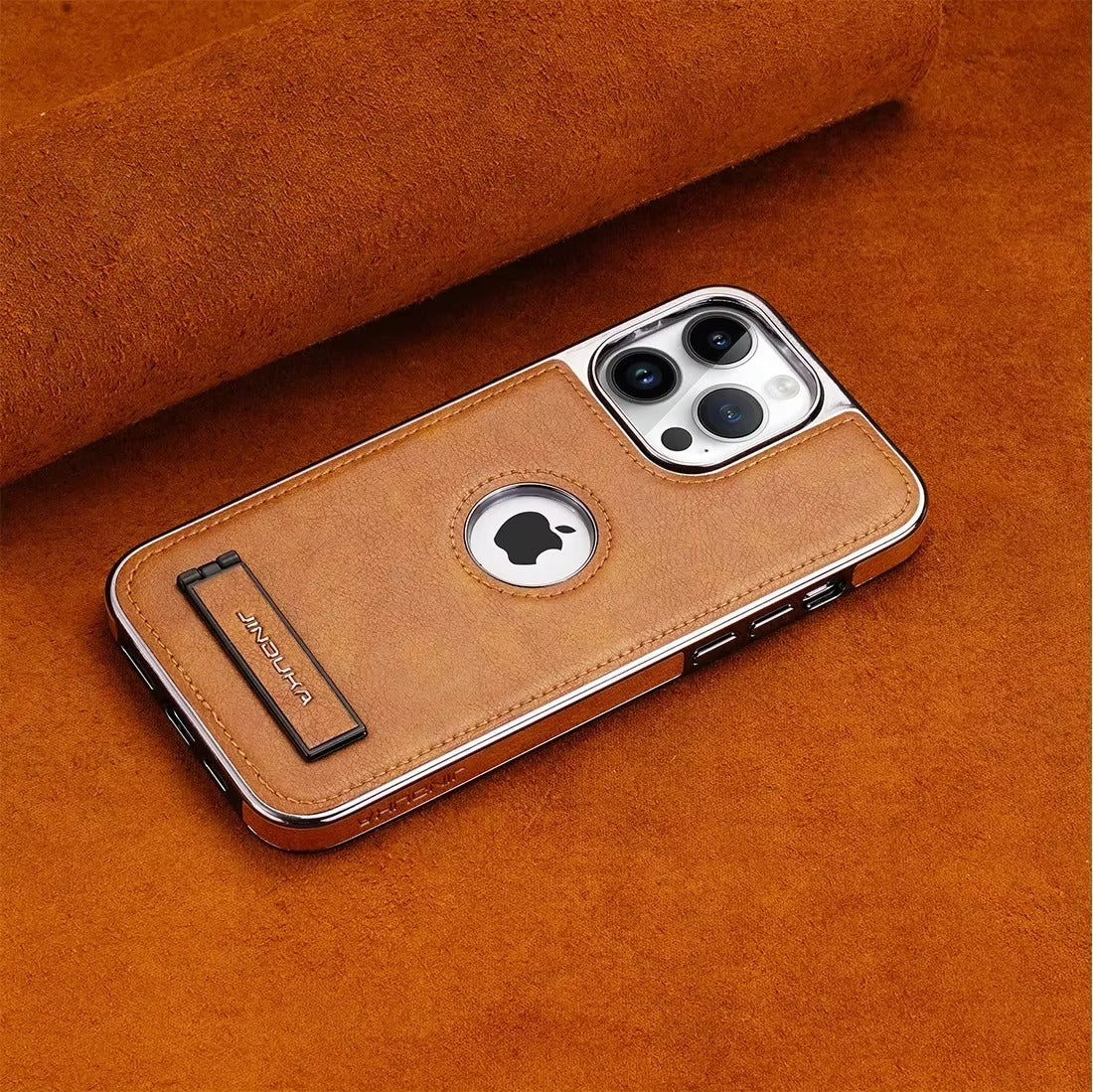 Luxury iPhone Case — Ultra-Thin PU Leather Cover with Invisible Fold Kickstand, Electroplated Bezel, Anti-Fingerprint Anti-Scratch Dustproof Non-Slip Design
