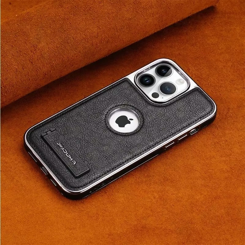 Luxury iPhone Case — Ultra-Thin PU Leather Cover with Invisible Fold Kickstand, Electroplated Bezel, Anti-Fingerprint Anti-Scratch Dustproof Non-Slip Design
