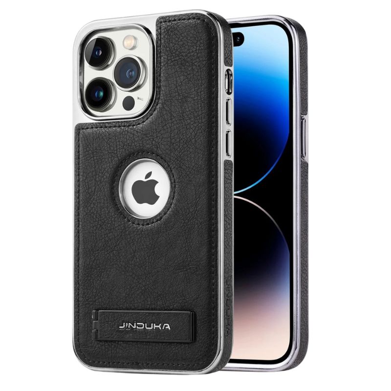 Luxury iPhone Case — Ultra-Thin PU Leather Cover with Invisible Fold Kickstand, Electroplated Bezel, Anti-Fingerprint Anti-Scratch Dustproof Non-Slip Design