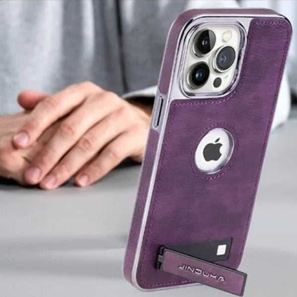 Luxury iPhone Case — Ultra-Thin PU Leather Cover with Invisible Fold Kickstand, Electroplated Bezel, Anti-Fingerprint Anti-Scratch Dustproof Non-Slip Design