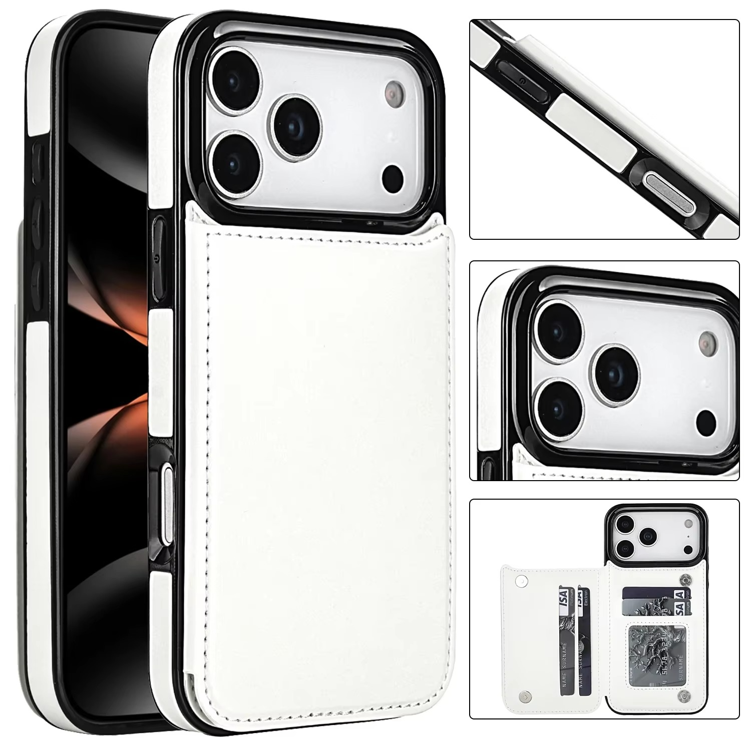 Luxury iPhone Case — Wallet Cover with Card Holder, Faux Leather Kickstand, Double Magnetic Clasp, Durable Shockproof Soft Case, Plain Design