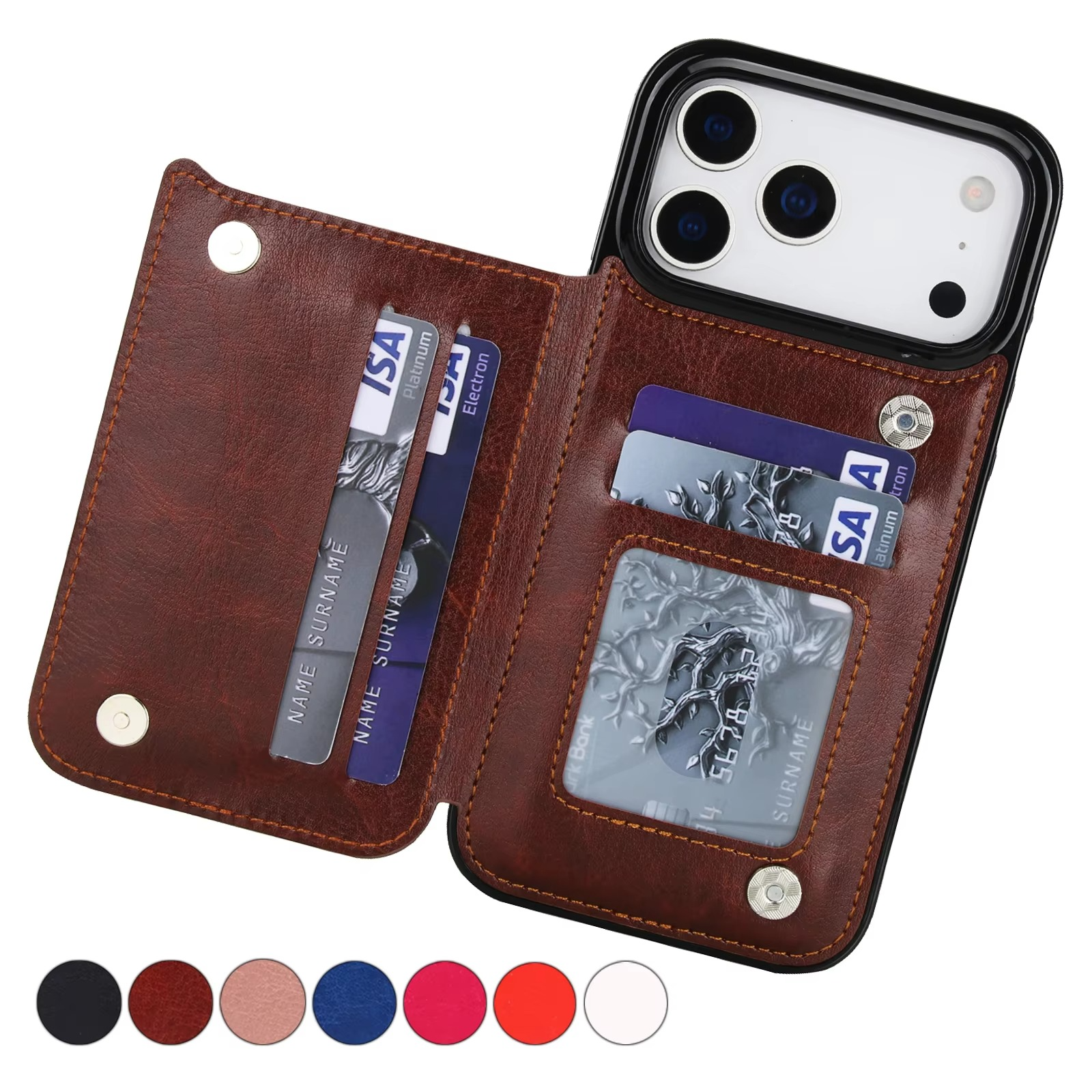 Luxury iPhone Case — Wallet Cover with Card Holder, Faux Leather Kickstand, Double Magnetic Clasp, Durable Shockproof Soft Case, Plain Design