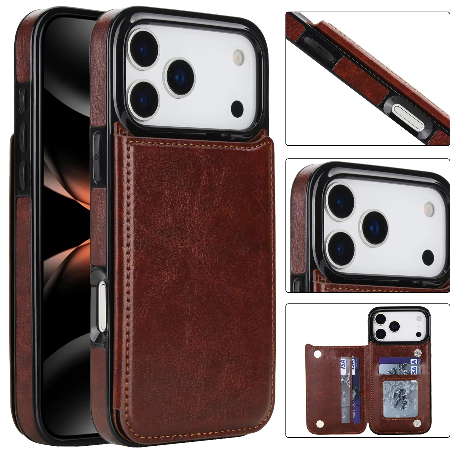 Luxury iPhone Case — Wallet Cover with Card Holder, Faux Leather Kickstand, Double Magnetic Clasp, Durable Shockproof Soft Case, Plain Design