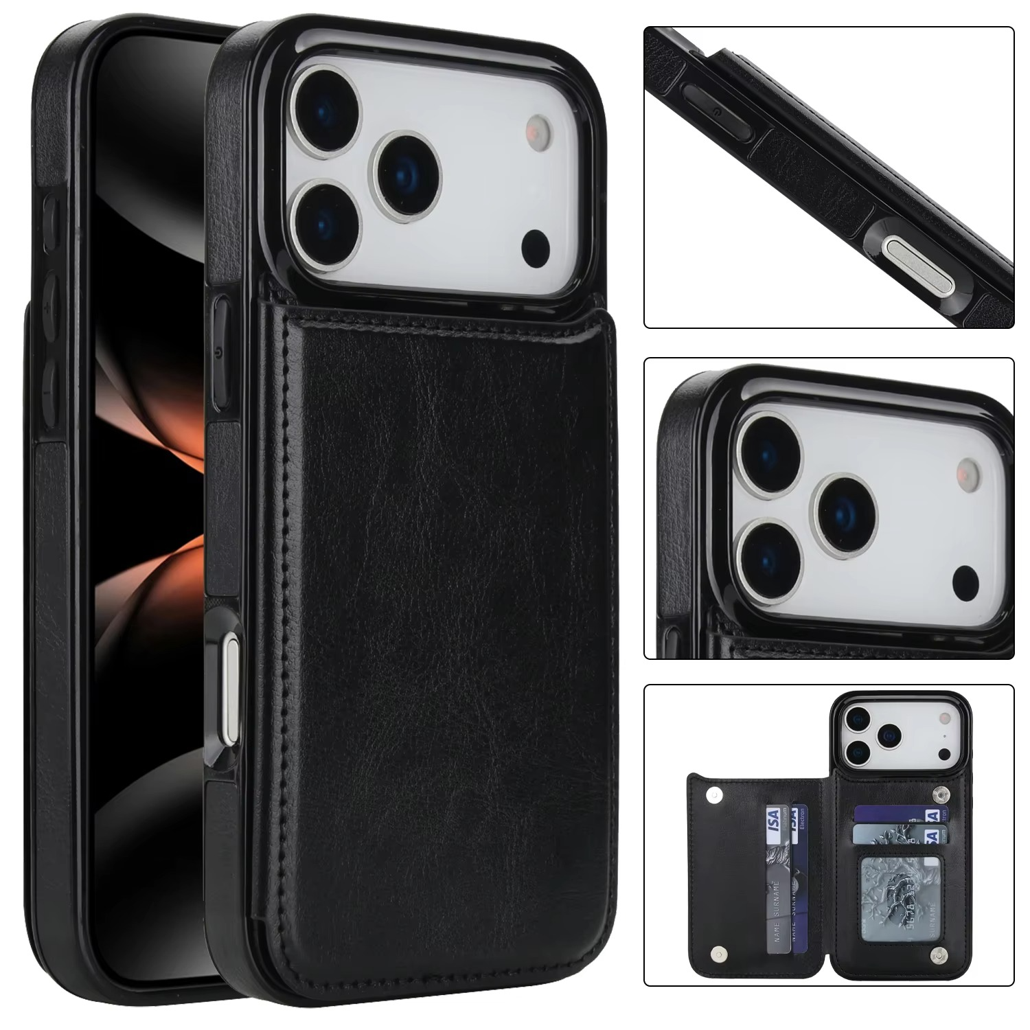 Luxury iPhone Case — Wallet Cover with Card Holder, Faux Leather Kickstand, Double Magnetic Clasp, Durable Shockproof Soft Case, Plain Design