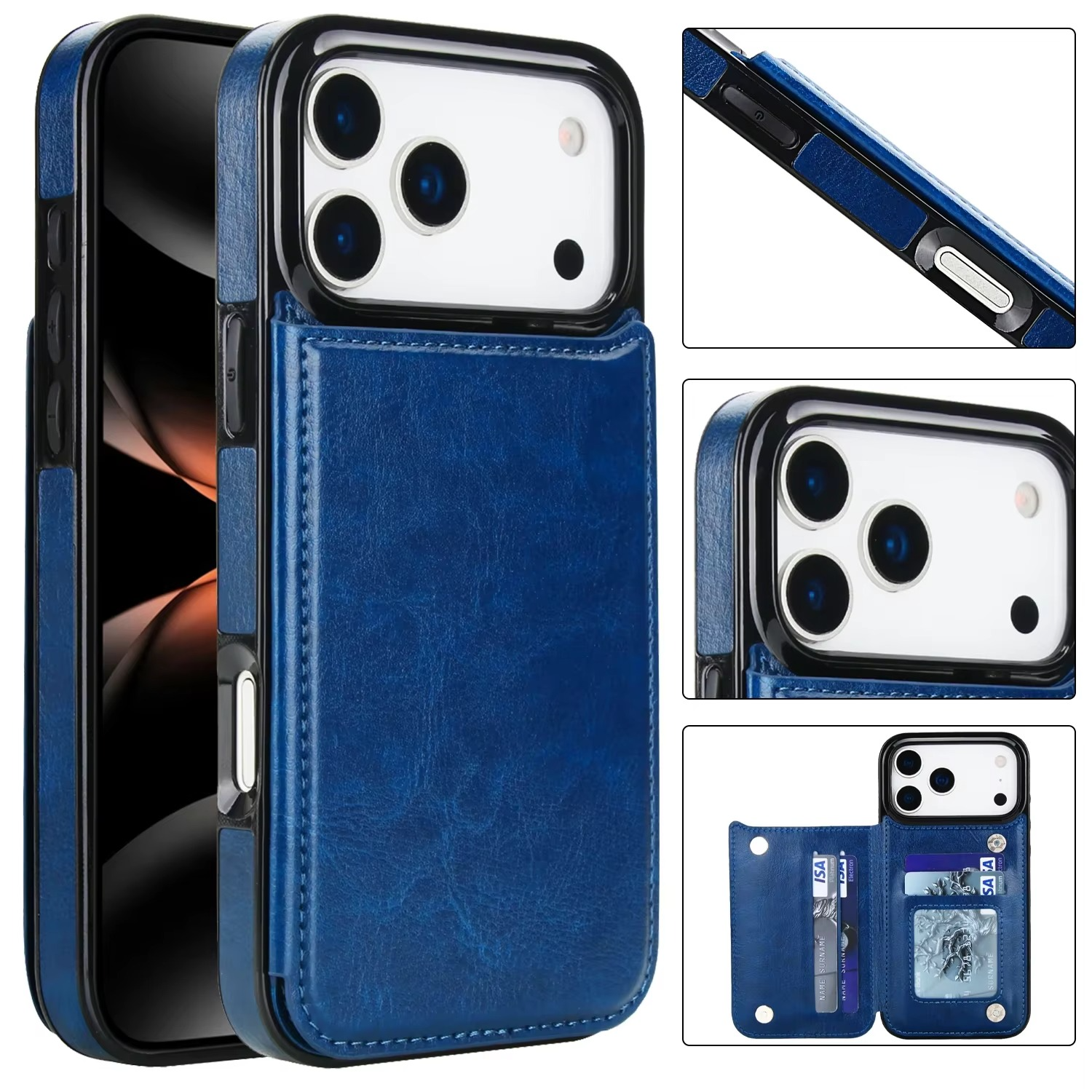 Luxury iPhone Case — Wallet Cover with Card Holder, Faux Leather Kickstand, Double Magnetic Clasp, Durable Shockproof Soft Case, Plain Design