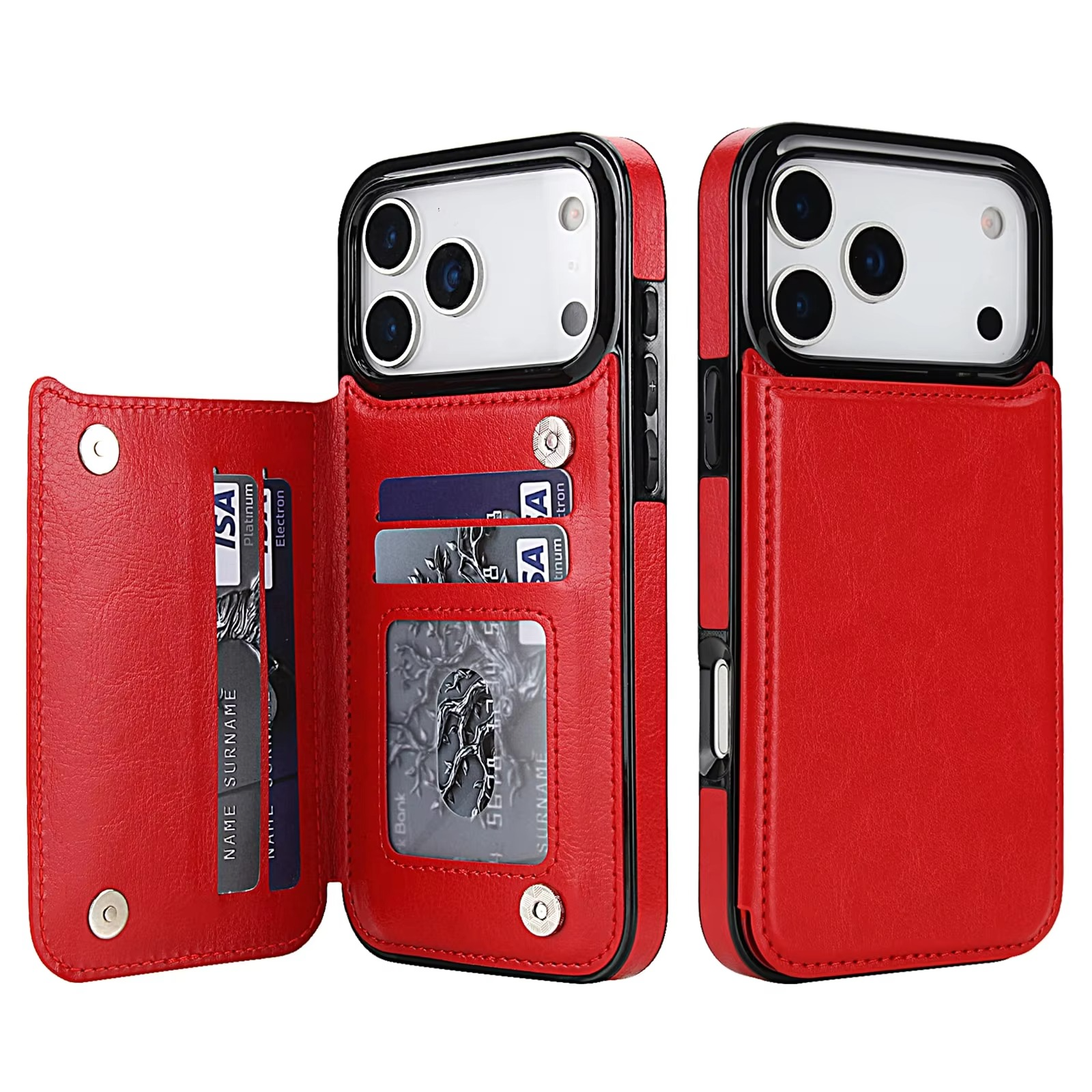 Luxury iPhone Case — Wallet Cover with Card Holder, Faux Leather Kickstand, Double Magnetic Clasp, Durable Shockproof Soft Case, Plain Design