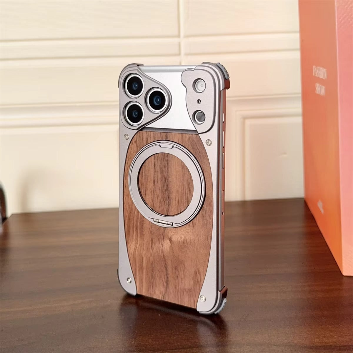 Luxury iPhone Case — Walnut Wood and Aluminum Magnetic Cover with Shockproof Drop-Proof Protection and Built-In Bracket