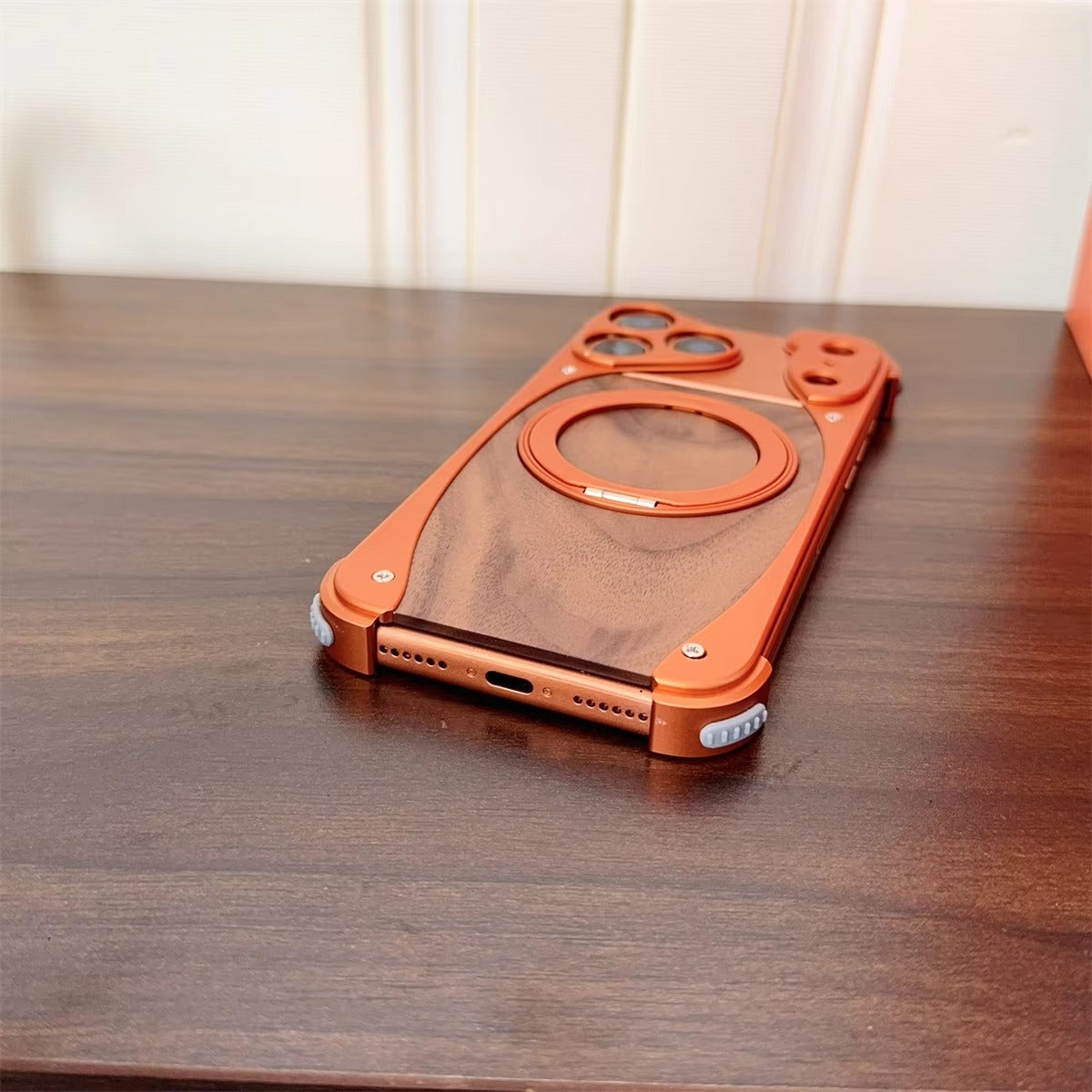 Luxury iPhone Case — Walnut Wood and Aluminum Magnetic Cover with Shockproof Drop-Proof Protection and Built-In Bracket