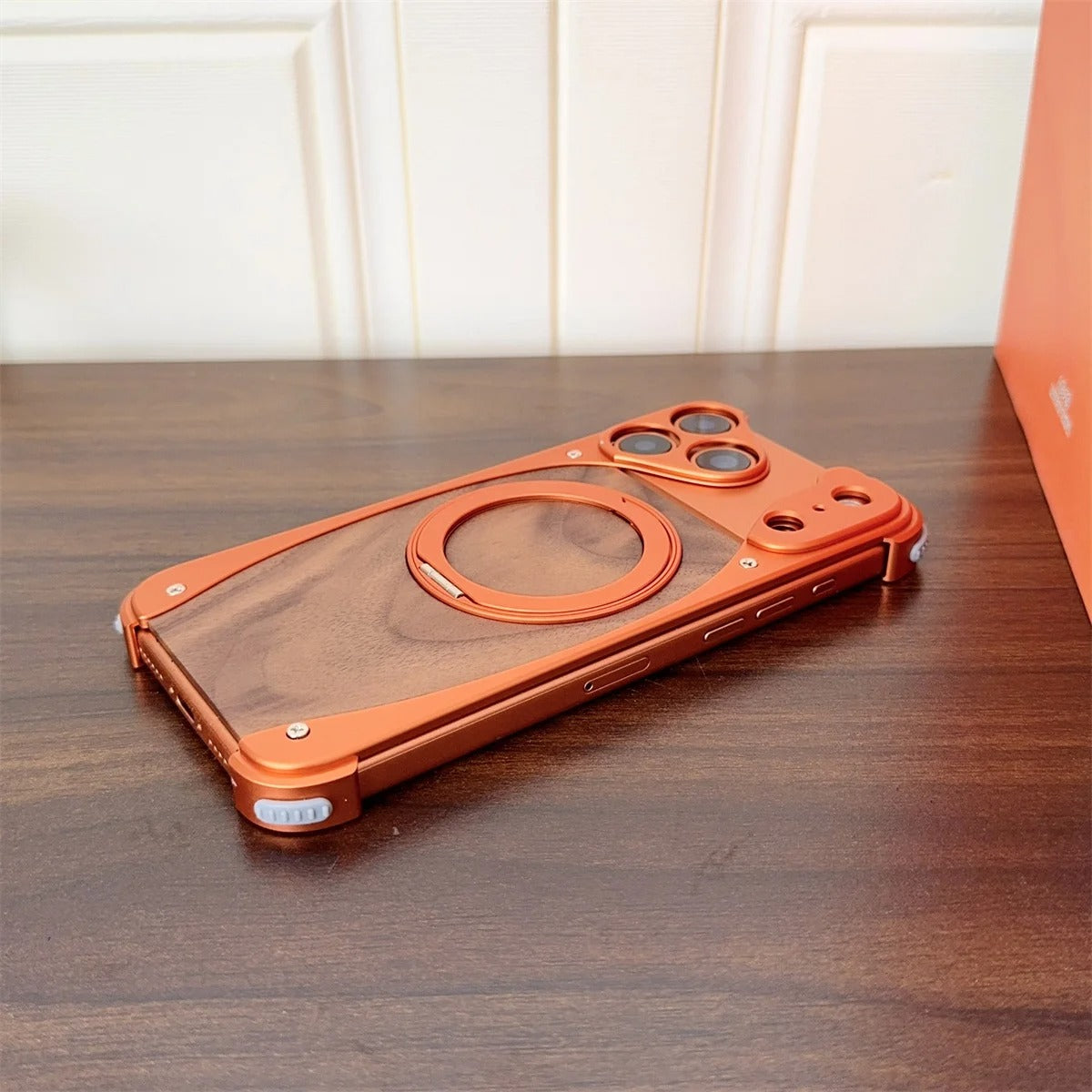 Luxury iPhone Case — Walnut Wood and Aluminum Magnetic Cover with Shockproof Drop-Proof Protection and Built-In Bracket