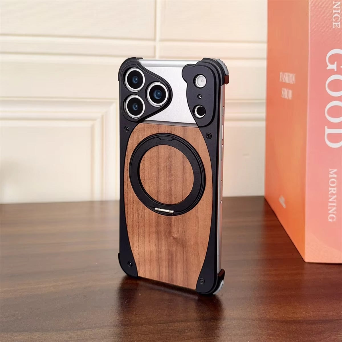 Luxury iPhone Case — Walnut Wood and Aluminum Magnetic Cover with Shockproof Drop-Proof Protection and Built-In Bracket