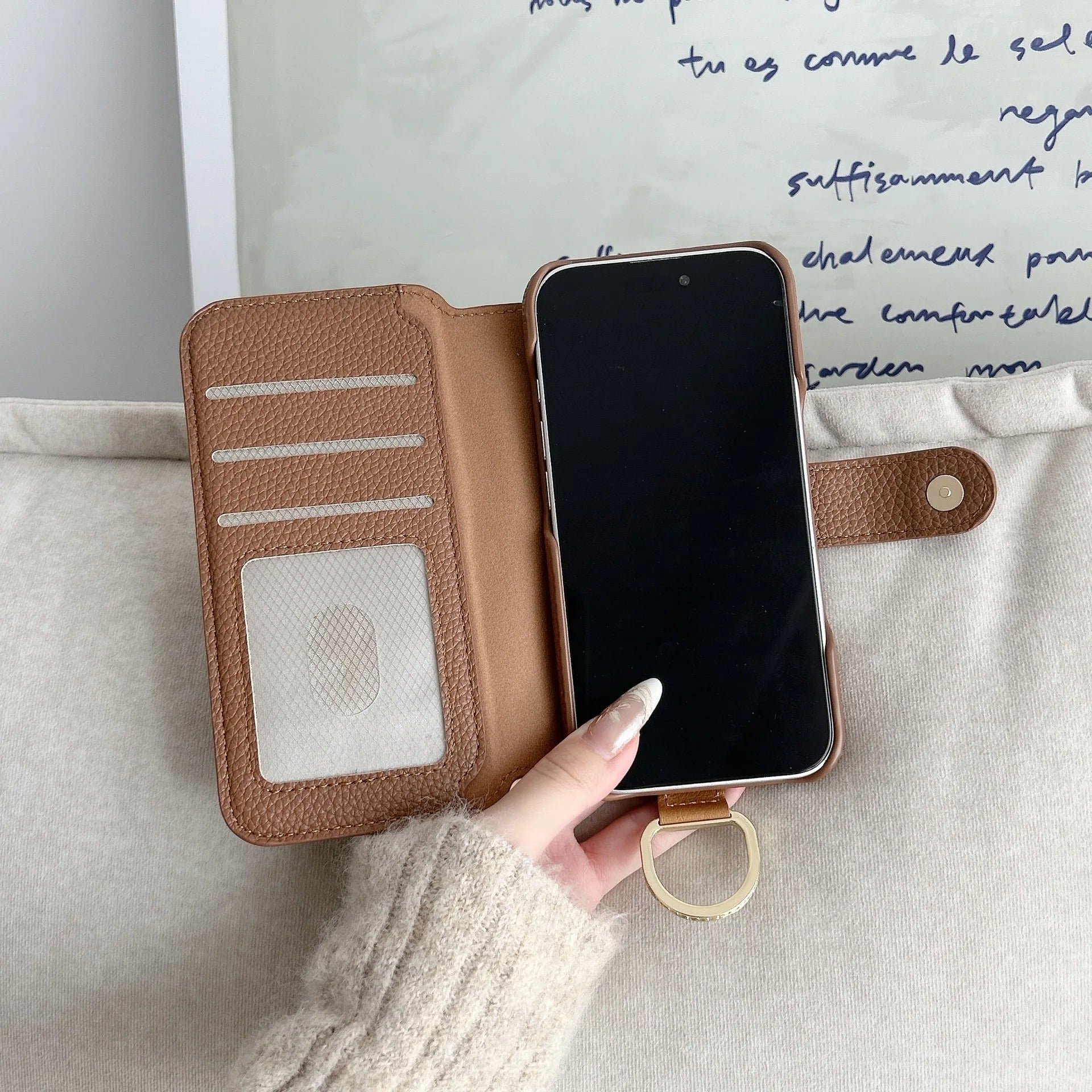 Luxury iPhone Case — Wrist-Strap Wallet Flip Leather Cover with Card Slots, Shockproof Protective Design & Full-Access Functional Fit