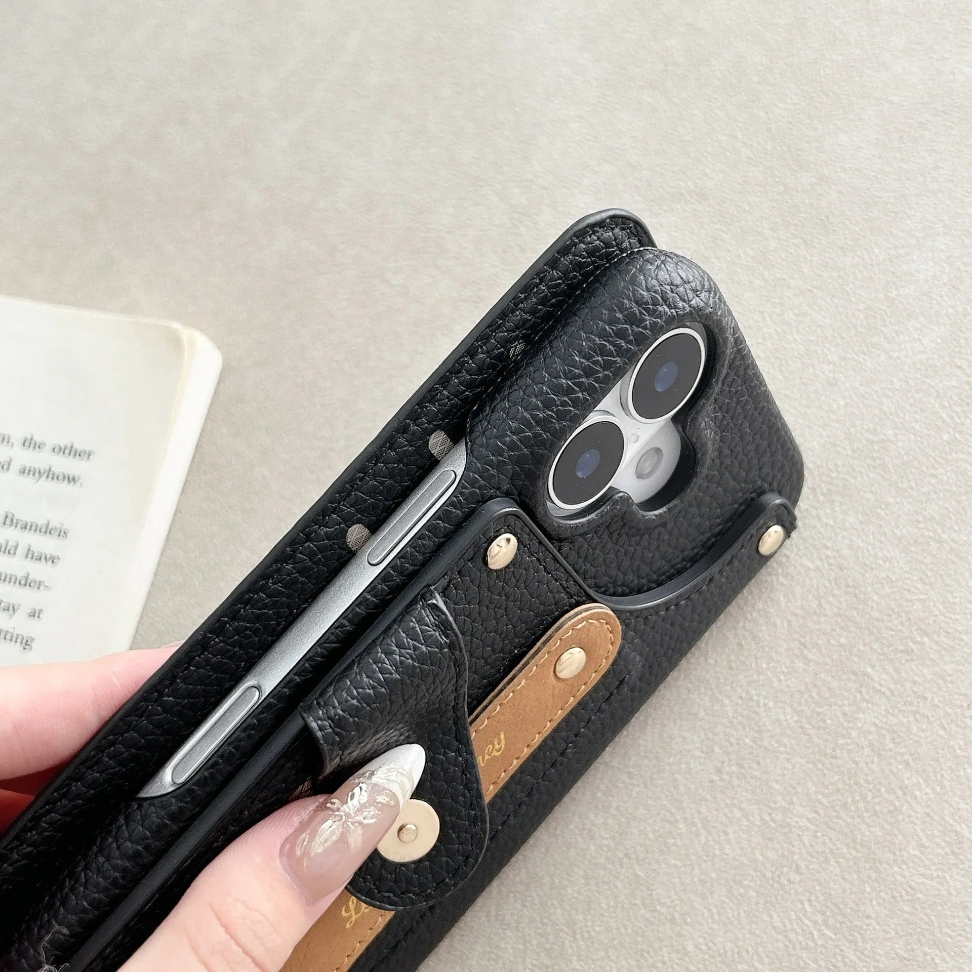 Luxury iPhone Case — Wrist-Strap Wallet Flip Leather Cover with Card Slots, Shockproof Protective Design & Full-Access Functional Fit