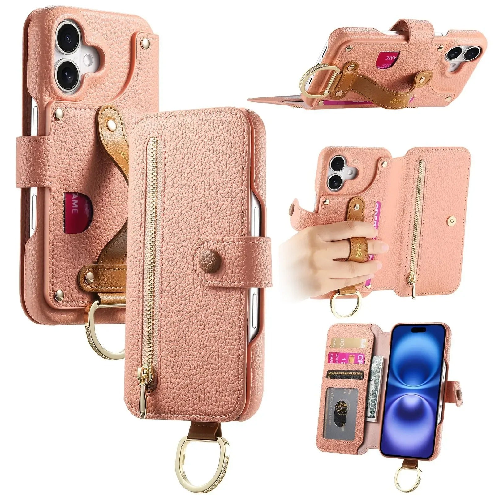 Luxury iPhone Case — Wrist-Strap Wallet Flip Leather Cover with Card Slots, Shockproof Protective Design & Full-Access Functional Fit