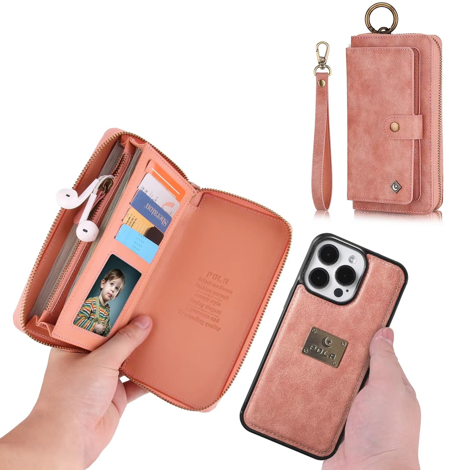 Luxury iPhone Case — Zipper Leather Wallet Cover with Card Slots, Ring Holder and Wristband Purse Design
