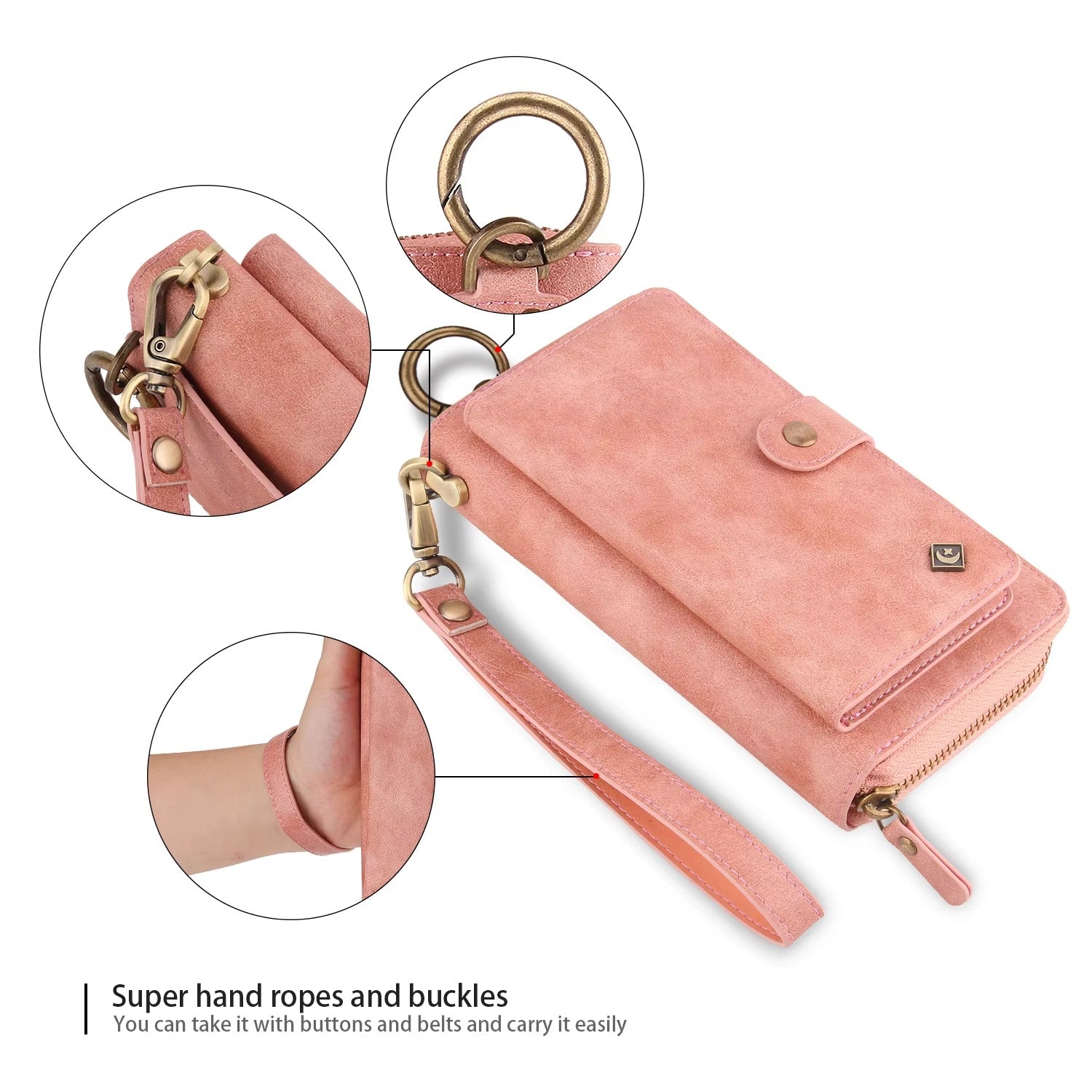 Luxury iPhone Case — Zipper Leather Wallet Cover with Card Slots, Ring Holder and Wristband Purse Design
