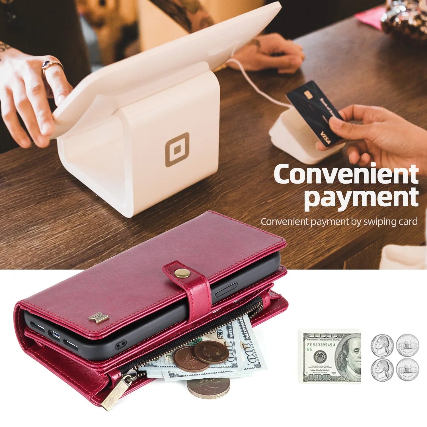 Luxury iPhone Case — 2-in-1 Detachable Magnetic Flip Leather Wallet with Zipper Purse, Dual-Layer Protection and Anti-Fingerprint Design