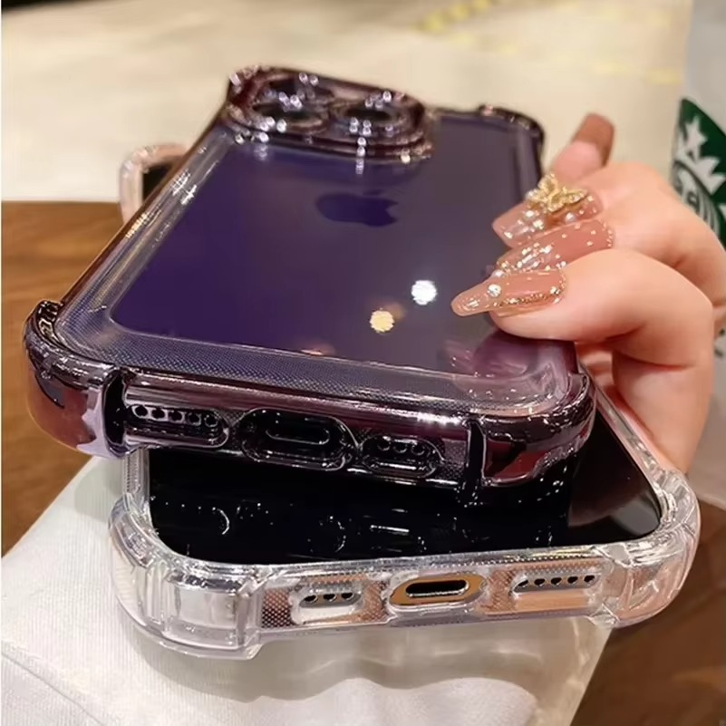 Luxury iPhone Clear Soft Case with Camera Protector — Plating Airbag Design, Shockproof Transparent Cover, Anti-Fingerprint Scratch-Resistant Non-Slip Finish