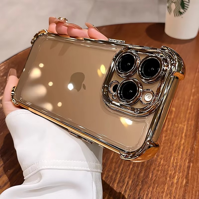 Luxury iPhone Clear Soft Case with Camera Protector — Plating Airbag Design, Shockproof Transparent Cover, Anti-Fingerprint Scratch-Resistant Non-Slip Finish