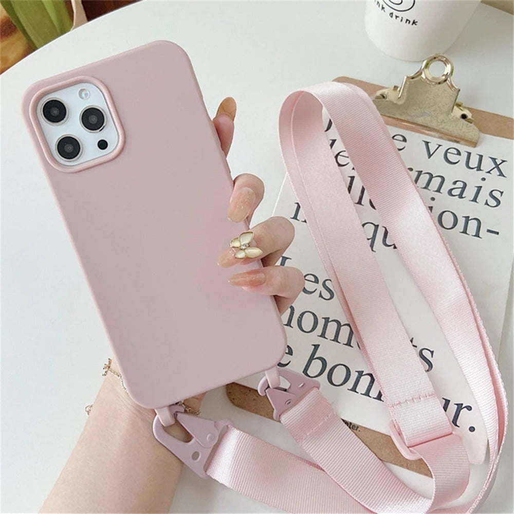 Luxury iPhone Case — Matte Silicone Shockproof Crossbody Cover with Lanyard, Anti-Fingerprint Anti-Scratch Dustproof Lightweight Transparent Design