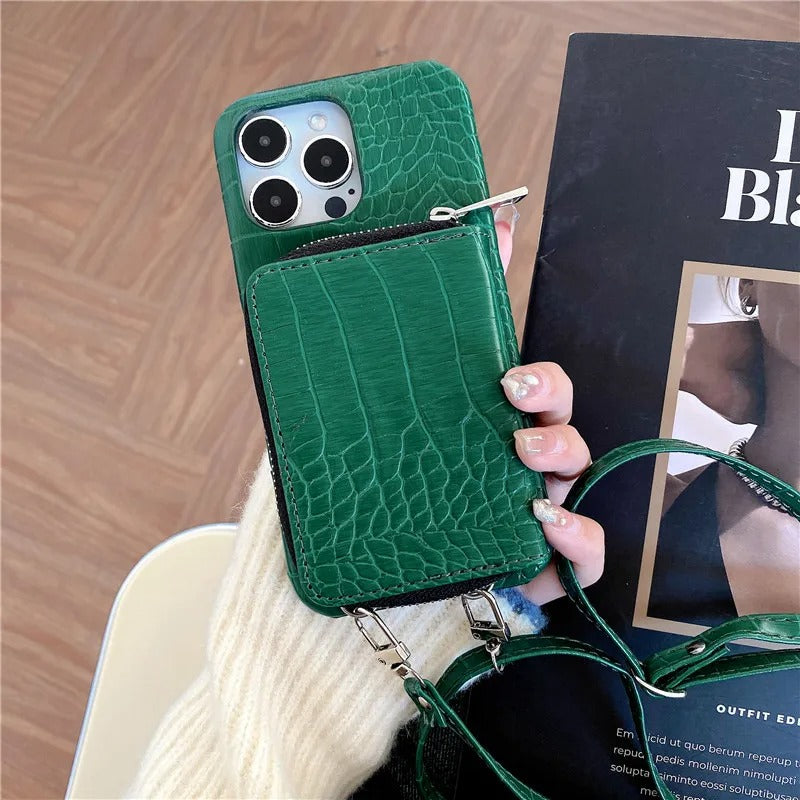 Luxury iPhone Crossbody Wallet Case Crocodile Texture — PU Leather Zipper Cover with Card Holder, Adjustable Strap, Shockproof Anti-Fingerprint Protection