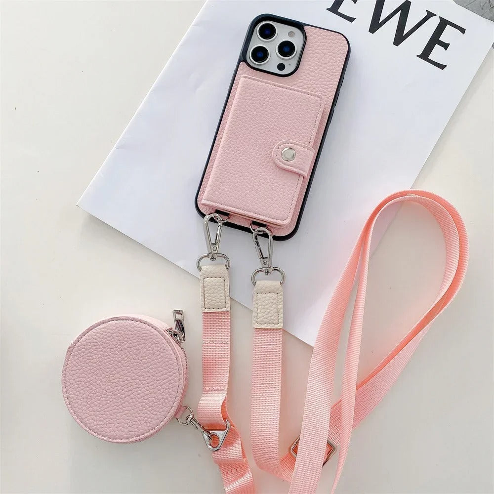 Luxury iPhone Crossbody Wallet Case with Card Slots — PU Leather Cover, Zipper Coin Purse, Long Lanyard Strap, Shockproof Drop Protection, Full Access Design