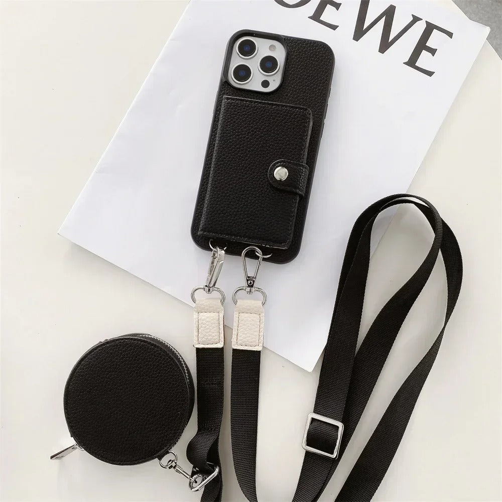 Luxury iPhone Crossbody Wallet Case with Card Slots — PU Leather Cover, Zipper Coin Purse, Long Lanyard Strap, Shockproof Drop Protection, Full Access Design