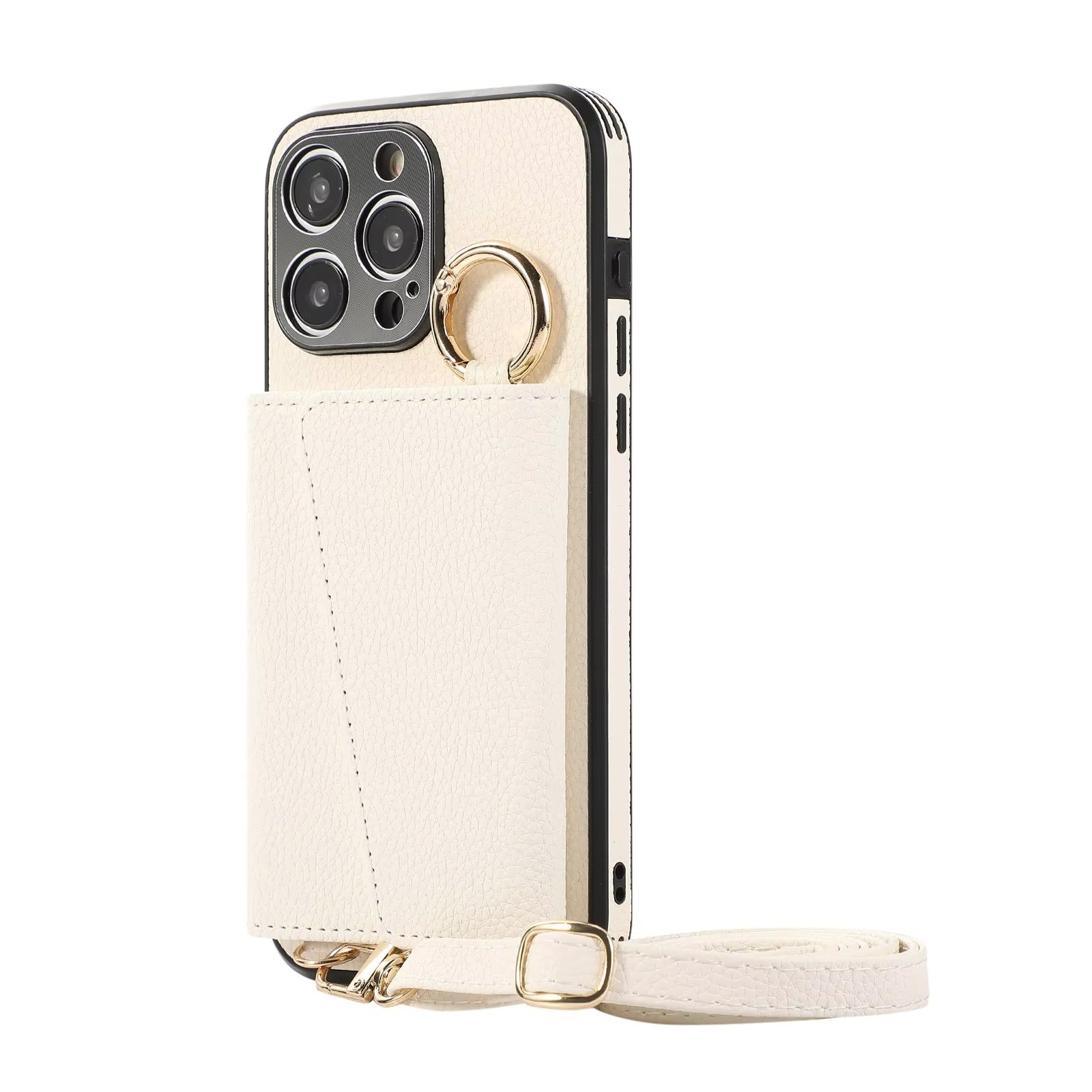 Luxury iPhone Crossbody Wallet Case with Makeup Mirror — Leather Cover, Card Pocket, Ring Holder Stand, Lanyard Strap, Shockproof Anti-Fingerprint Protection
