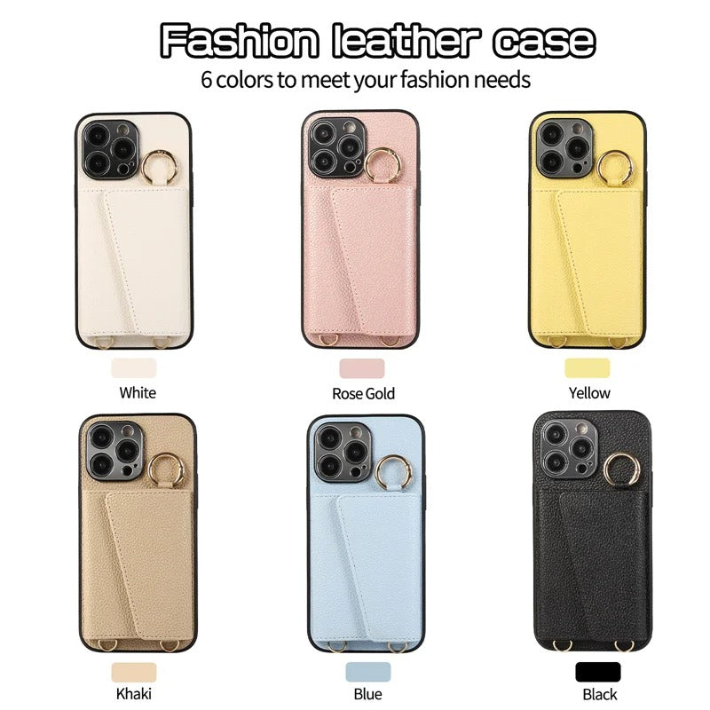 Luxury iPhone Crossbody Wallet Case with Makeup Mirror — Leather Cover, Card Pocket, Ring Holder Stand, Lanyard Strap, Shockproof Anti-Fingerprint Protection