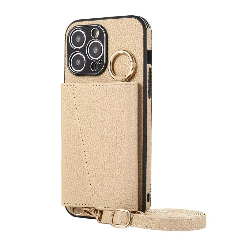 Luxury iPhone Crossbody Wallet Case with Makeup Mirror — Leather Cover, Card Pocket, Ring Holder Stand, Lanyard Strap, Shockproof Anti-Fingerprint Protection
