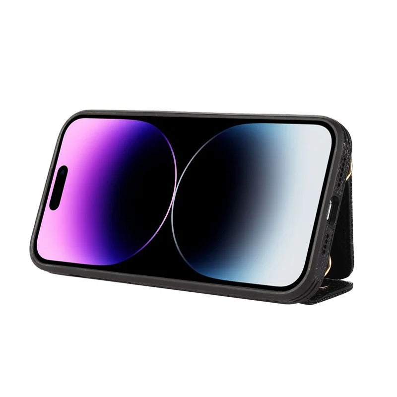 Luxury iPhone Crossbody Wallet Case with Makeup Mirror — Leather Cover, Card Pocket, Ring Holder Stand, Lanyard Strap, Shockproof Anti-Fingerprint Protection