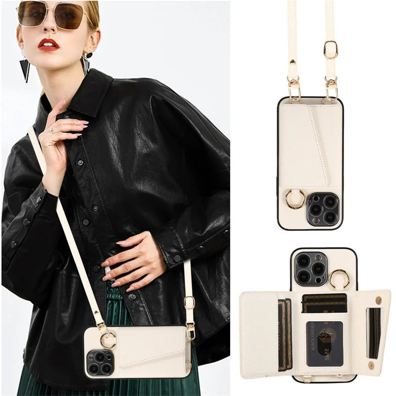 Luxury iPhone Crossbody Wallet Case with Makeup Mirror — Leather Cover, Card Pocket, Ring Holder Stand, Lanyard Strap, Shockproof Anti-Fingerprint Protection