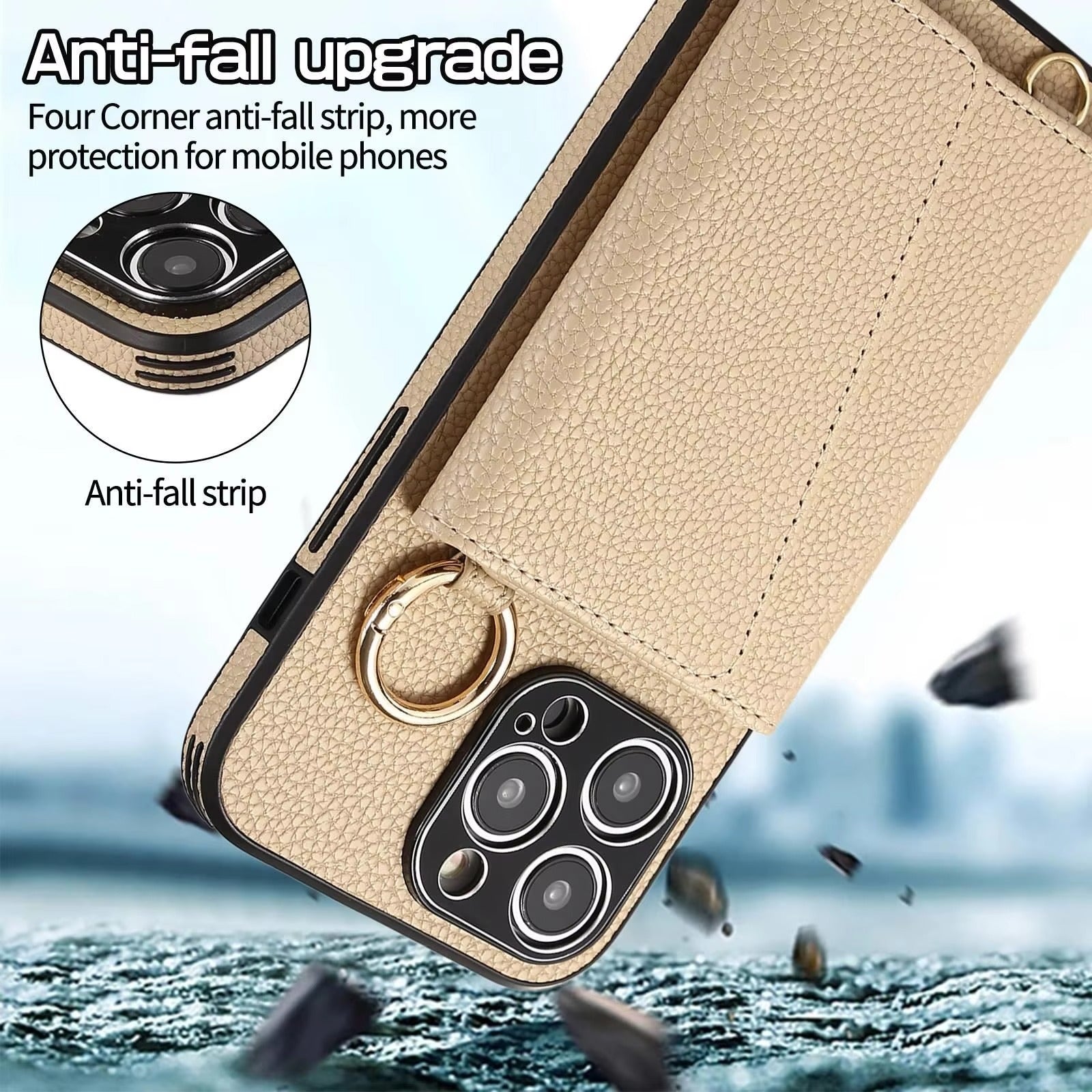 Luxury iPhone Crossbody Wallet Case with Makeup Mirror — Leather Cover, Card Pocket, Ring Holder Stand, Lanyard Strap, Shockproof Anti-Fingerprint Protection