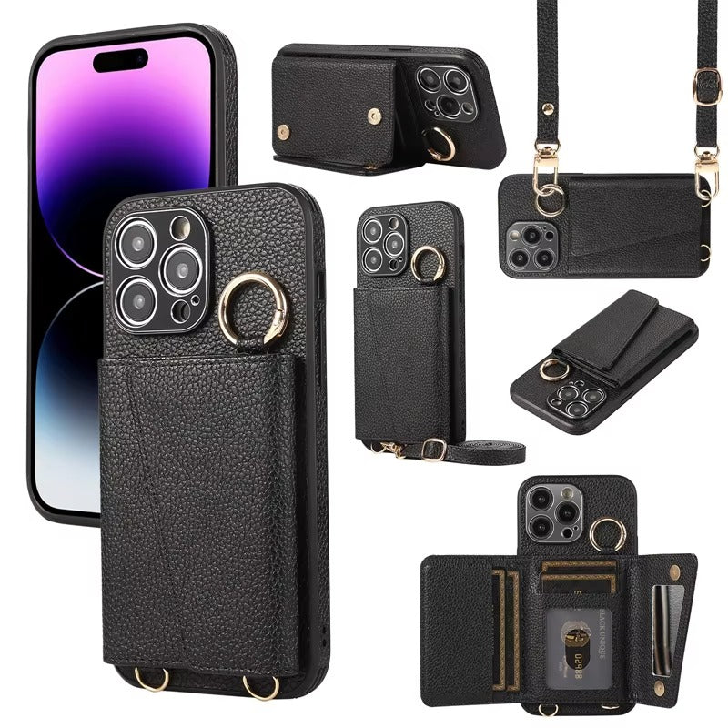 Luxury iPhone Crossbody Wallet Case with Makeup Mirror — Leather Cover, Card Pocket, Ring Holder Stand, Lanyard Strap, Shockproof Anti-Fingerprint Protection