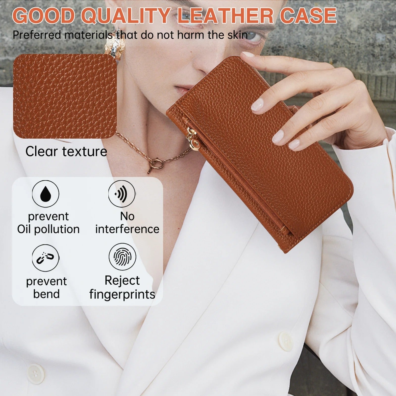 Luxury iPhone Crossbody Zipper Wallet Case — PU Leather Cover with Card Holder, Adjustable Strap, Shockproof Drop Protection, Anti-Fingerprint Scratch-Resistant Design