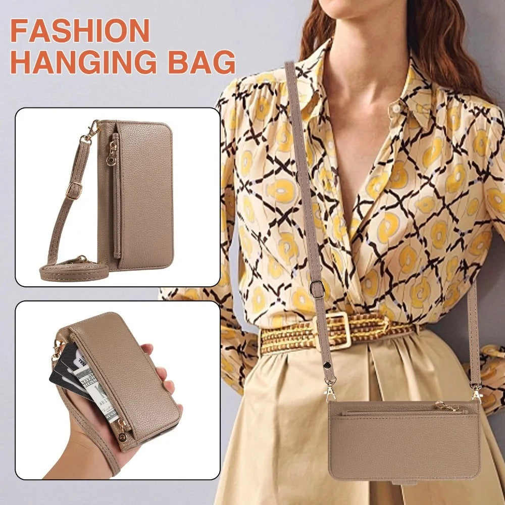 Luxury iPhone Crossbody Zipper Wallet Case — PU Leather Cover with Card Holder, Adjustable Strap, Shockproof Drop Protection, Anti-Fingerprint Scratch-Resistant Design