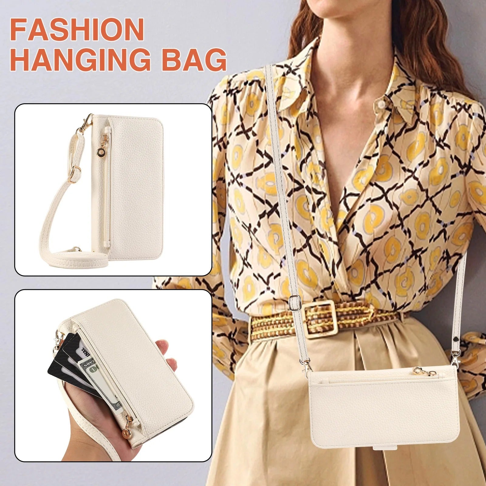 Luxury iPhone Crossbody Zipper Wallet Case — PU Leather Cover with Card Holder, Adjustable Strap, Shockproof Drop Protection, Anti-Fingerprint Scratch-Resistant Design