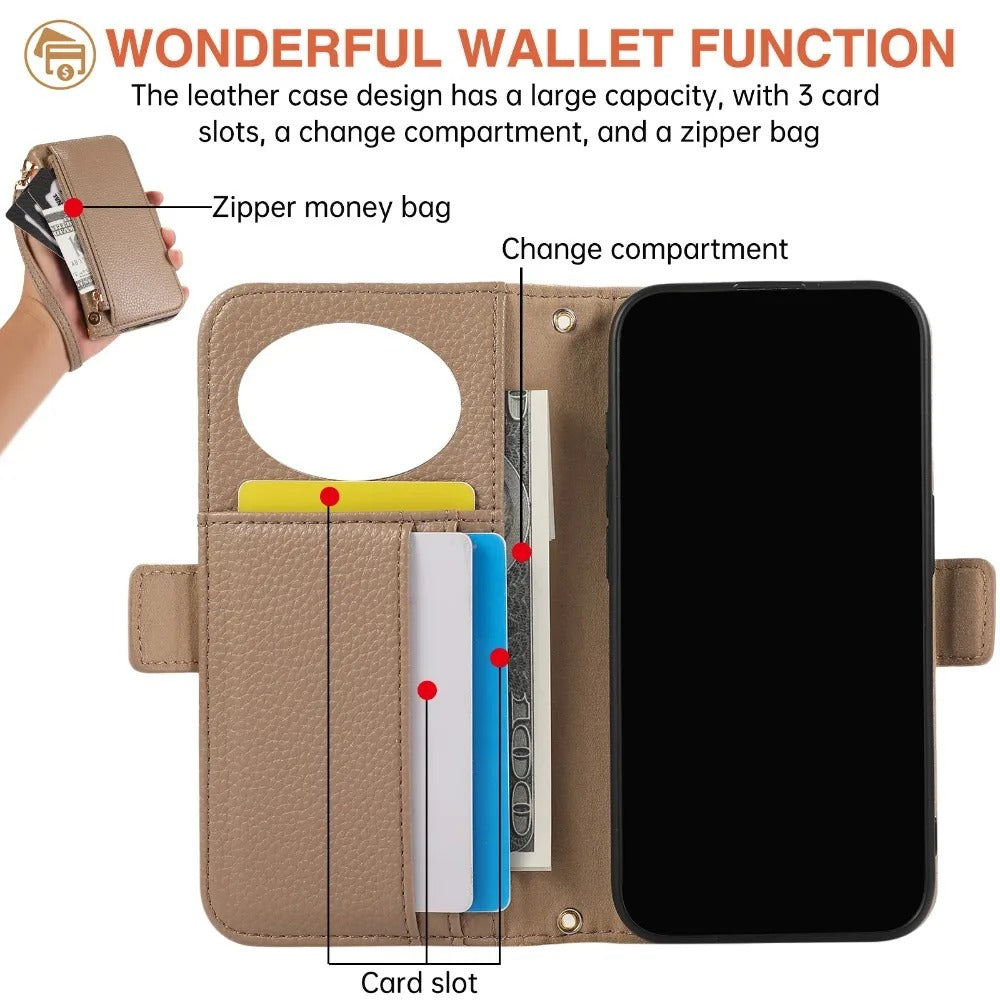 Luxury iPhone Crossbody Zipper Wallet Case — PU Leather Cover with Card Holder, Adjustable Strap, Shockproof Drop Protection, Anti-Fingerprint Scratch-Resistant Design