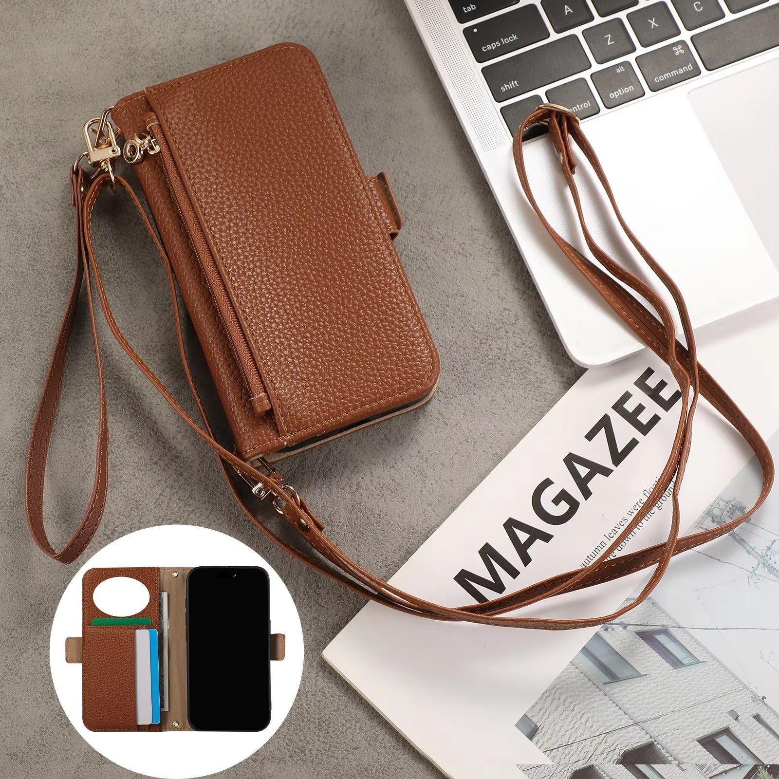 Luxury iPhone Crossbody Zipper Wallet Case — PU Leather Cover with Card Holder, Adjustable Strap, Shockproof Drop Protection, Anti-Fingerprint Scratch-Resistant Design