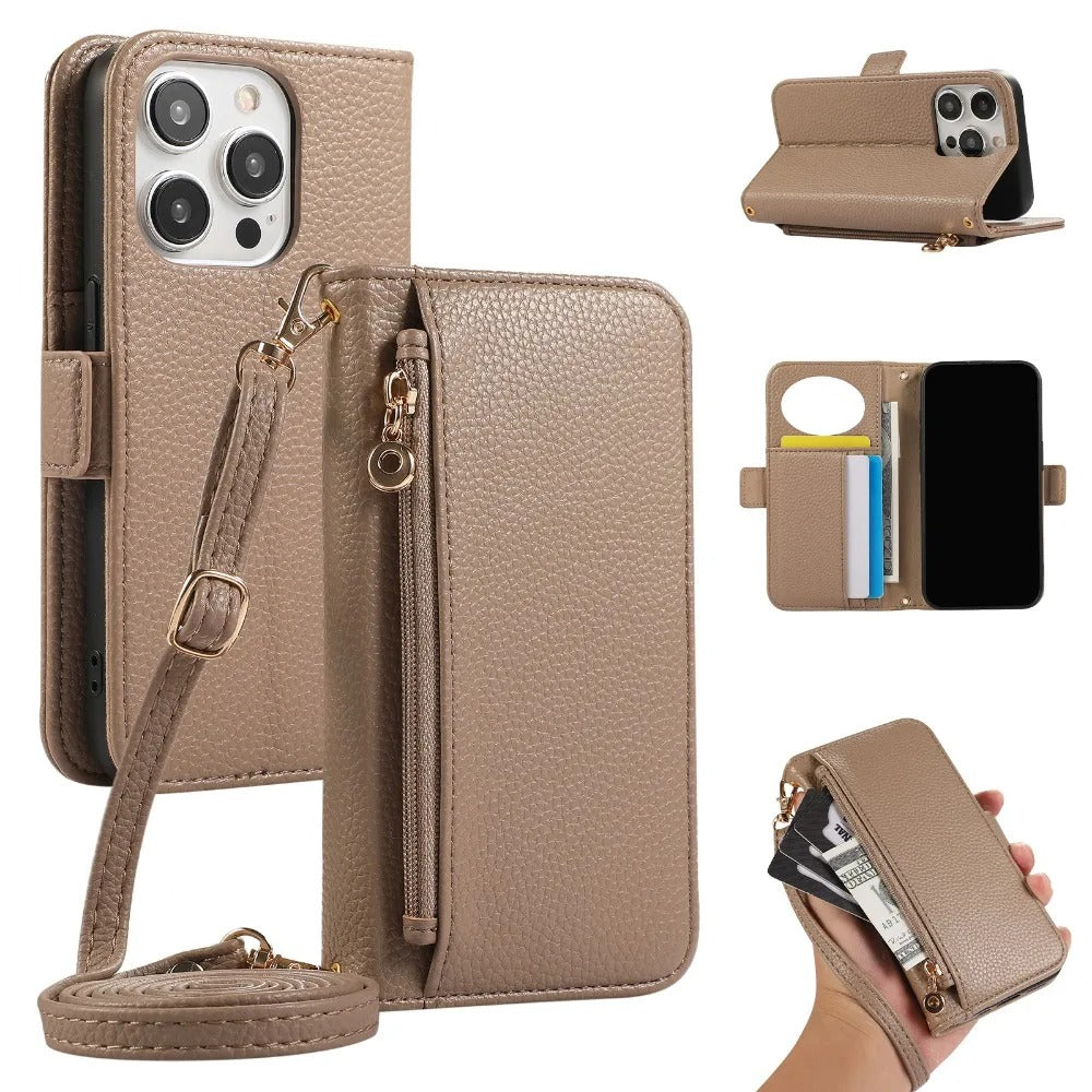 Luxury iPhone Crossbody Zipper Wallet Case — PU Leather Cover with Card Holder, Adjustable Strap, Shockproof Drop Protection, Anti-Fingerprint Scratch-Resistant Design