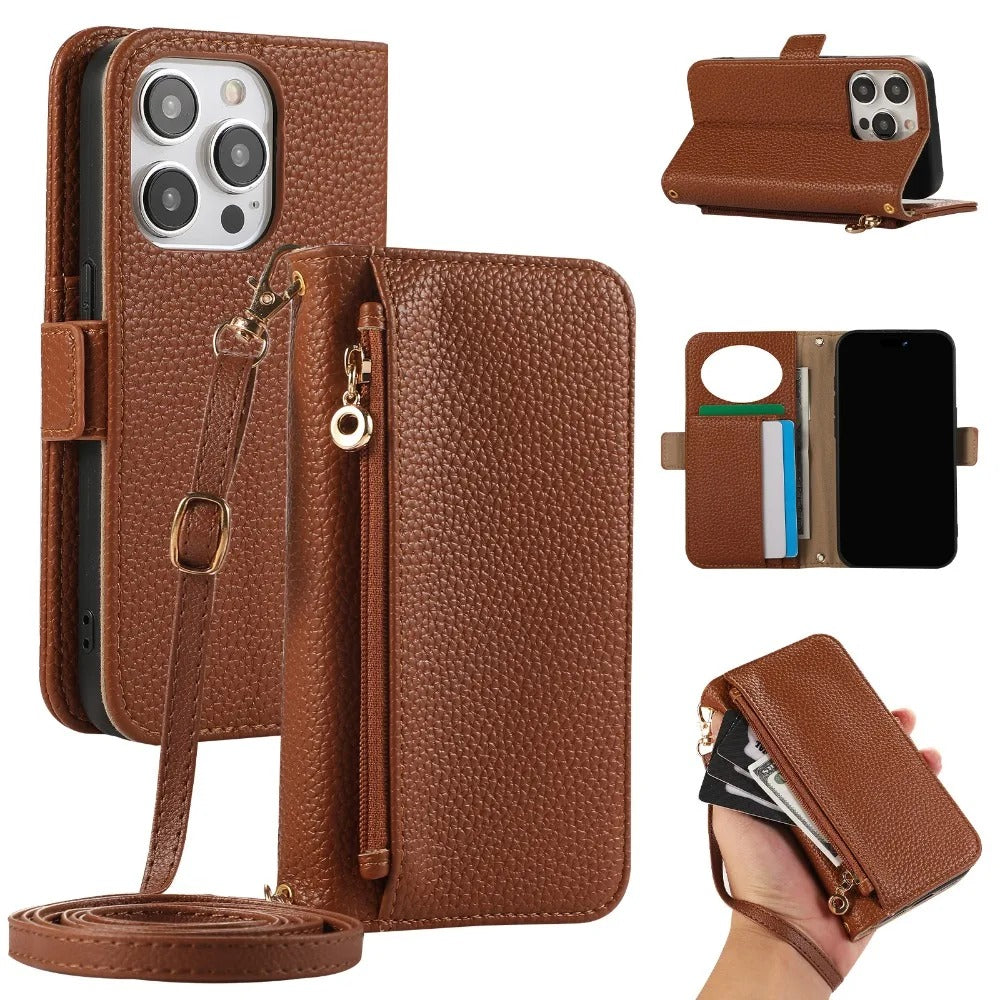 Luxury iPhone Crossbody Zipper Wallet Case — PU Leather Cover with Card Holder, Adjustable Strap, Shockproof Drop Protection, Anti-Fingerprint Scratch-Resistant Design
