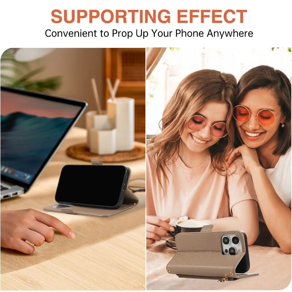 Luxury iPhone Crossbody Zipper Wallet Case — PU Leather Cover with Card Holder, Adjustable Strap, Shockproof Drop Protection, Anti-Fingerprint Scratch-Resistant Design