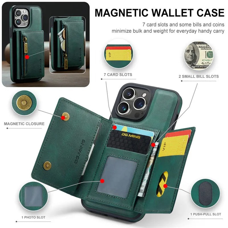 Luxury iPhone DG.Ming Magnetic Flip Leather Wallet Case — Zipper Card Holder Back Cover, Dual Layer Shockproof Design, Wireless Charging Compatible