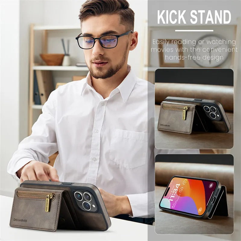 Luxury iPhone DG.Ming Magnetic Flip Leather Wallet Case — Zipper Card Holder Back Cover, Dual Layer Shockproof Design, Wireless Charging Compatible
