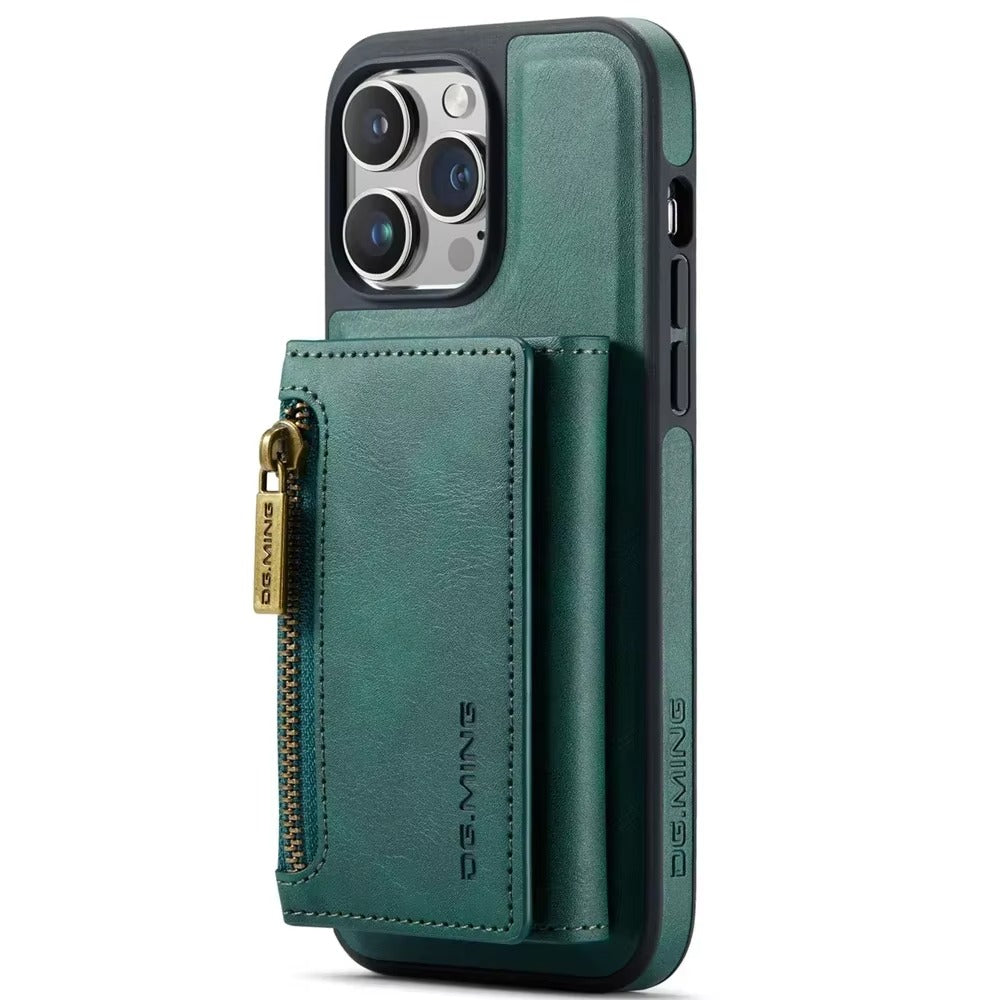 Luxury iPhone DG.Ming Magnetic Flip Leather Wallet Case — Zipper Card Holder Back Cover, Dual Layer Shockproof Design, Wireless Charging Compatible