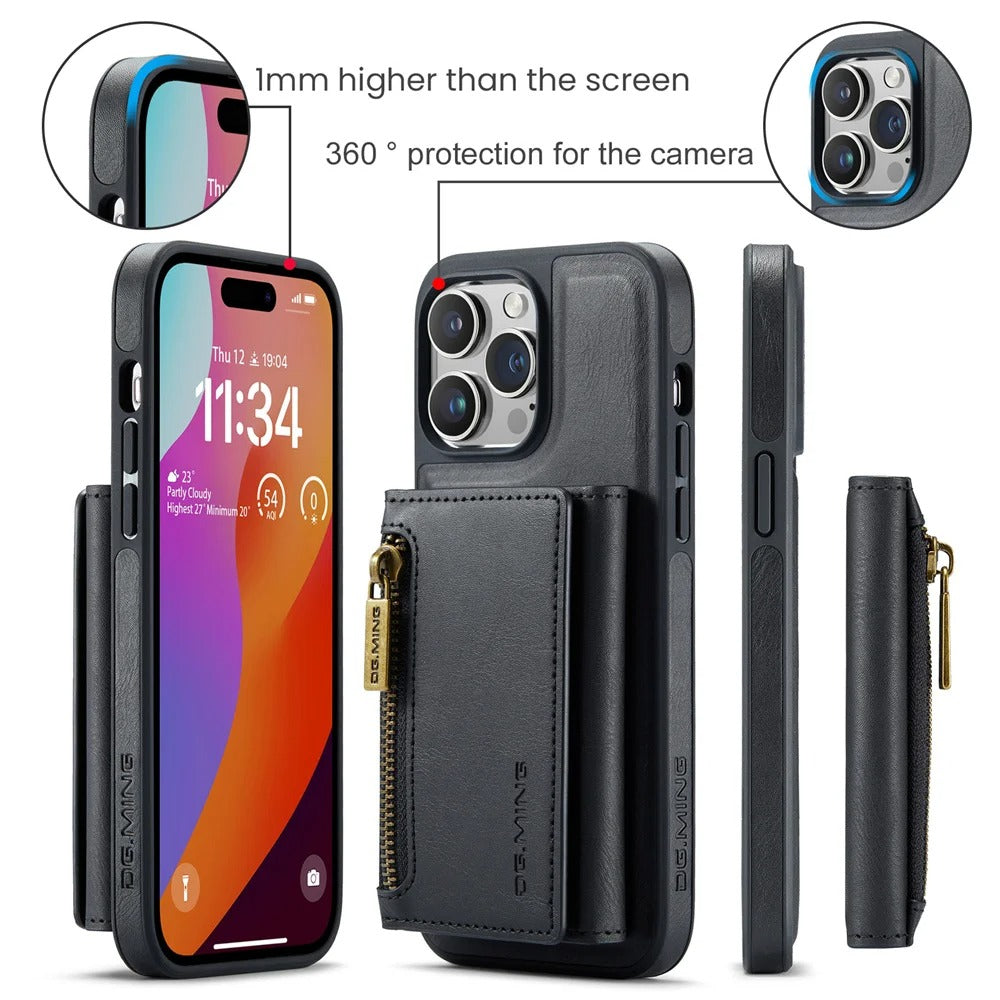 Luxury iPhone DG.Ming Magnetic Flip Leather Wallet Case — Zipper Card Holder Back Cover, Dual Layer Shockproof Design, Wireless Charging Compatible