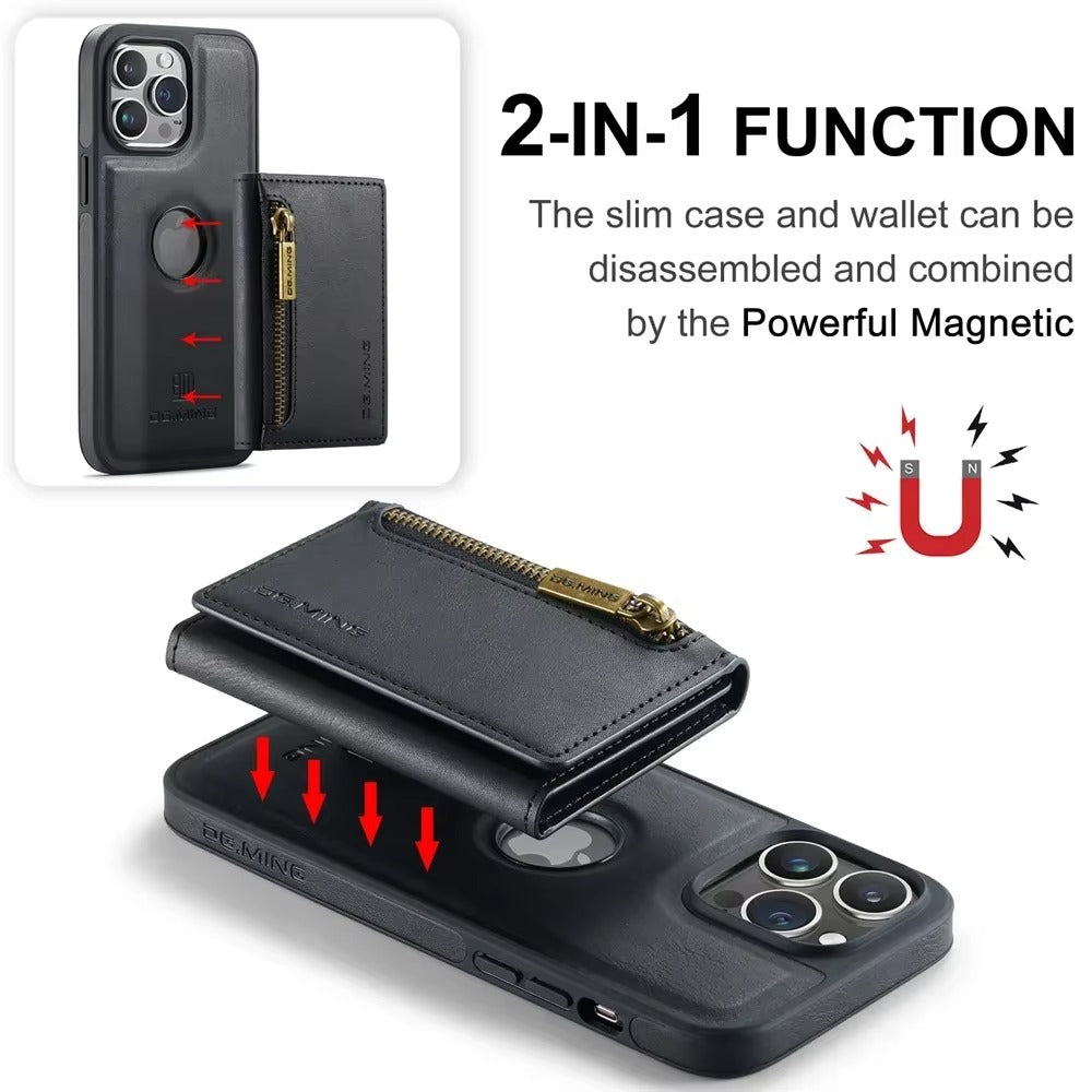 Luxury iPhone DG.Ming Magnetic Flip Leather Wallet Case — Zipper Card Holder Back Cover, Dual Layer Shockproof Design, Wireless Charging Compatible